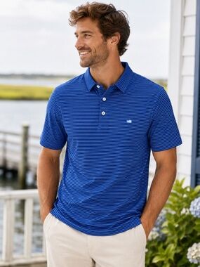 Southern Tide Blue Striped Polo Shirt Men’s Medium Classic Fit Skipjack